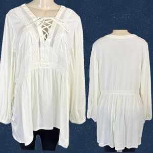 Roaman's Lace Up Neck Boho Tunic Blouse Ivory Lace Trim Long Sleeve Size 18/20